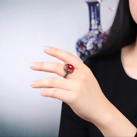 Vintage Retro Style Red Stone Resizable Ring Unique Ring - Picture 4 of 6
